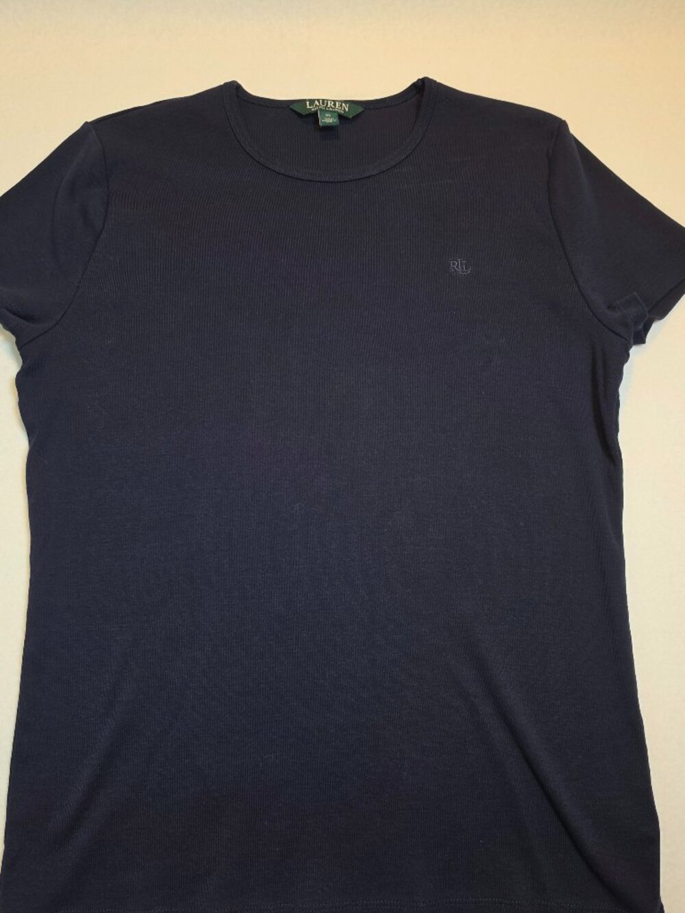 Lauren Ralph Lauren Navy Blue Ribbed Short Sleeve T-Shirt Size XL RL Logo